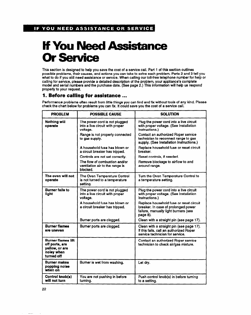 If you need assistance or service, Before calling for assistance | Whirlpool FGP357Y User Manual | Page 22 / 24