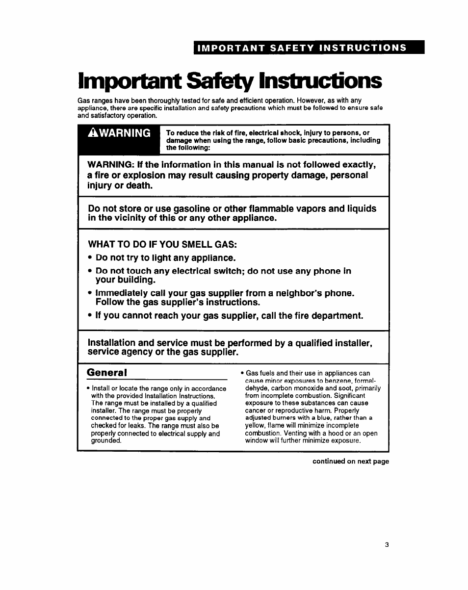 Important safety instructions | Whirlpool FGP357Y User Manual | Page 3 / 24