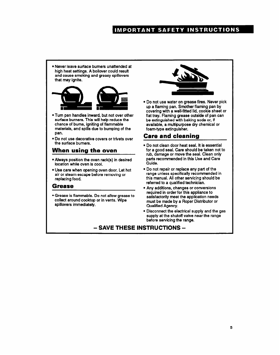 Save these instructions, When using the oven, Grease | Care and cleaning | Whirlpool FGP357Y User Manual | Page 5 / 24
