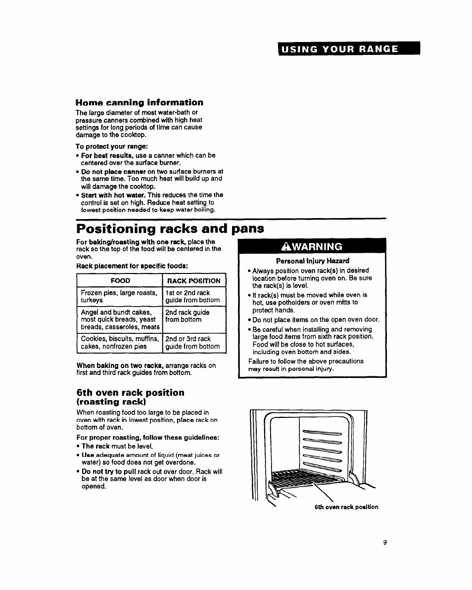Home canning information, Positioning racks and pans, 6th oven rack position (roasting rack) | Warning | Whirlpool FGP357Y User Manual | Page 9 / 24