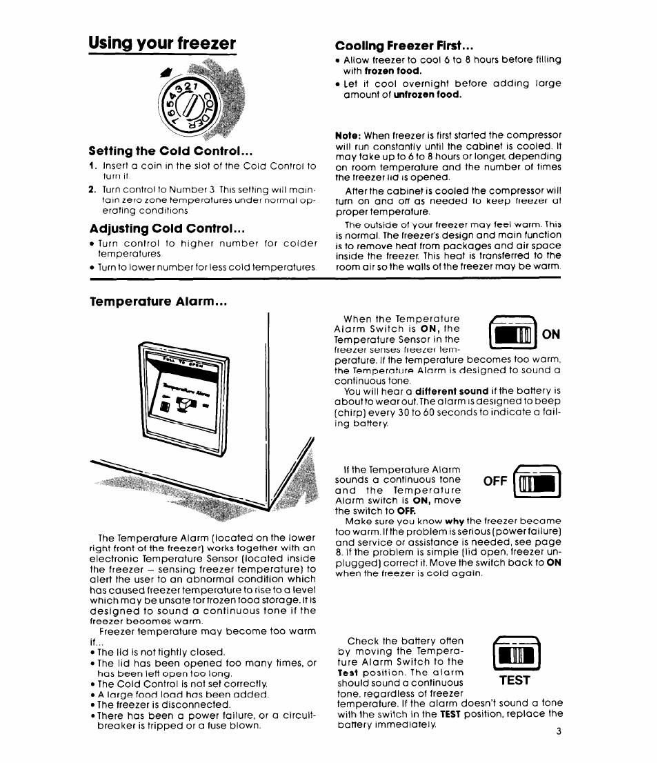 Using your freezer, Setting the cold control, Adjusting cold control | Cooling freezer first, Temperature alarm | Whirlpool EH15VSXL User Manual | Page 3 / 8