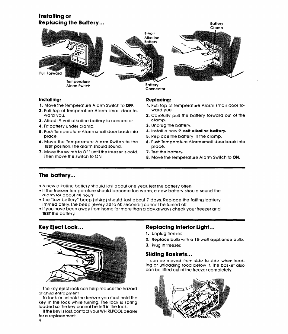 Installing or replacing the battery, Installing, Replacing | The battery, Key eject lock, Replacing interior light, Sliding baskets | Whirlpool EH15VSXL User Manual | Page 4 / 8