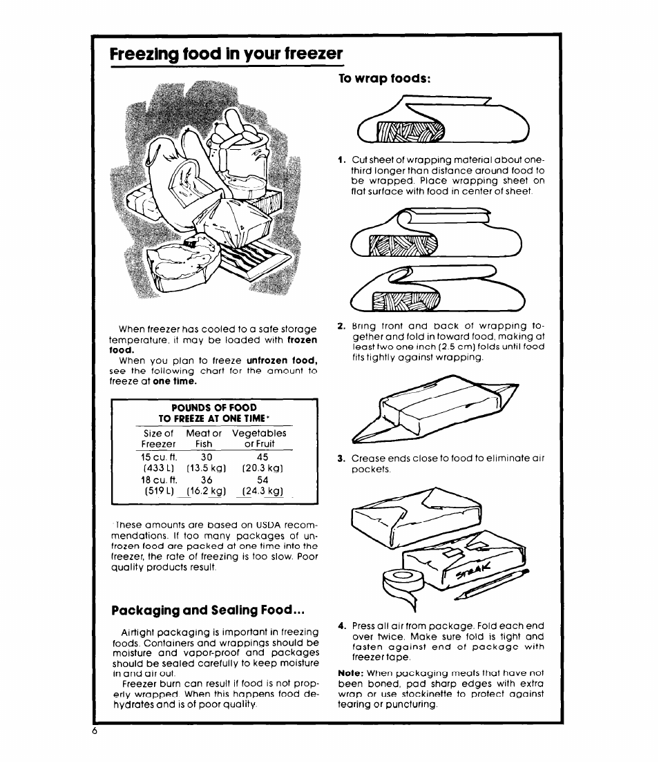 Freezing food in your freezer, Packaging and sealing food, To wrap foods | Whirlpool EH15VSXL User Manual | Page 6 / 8