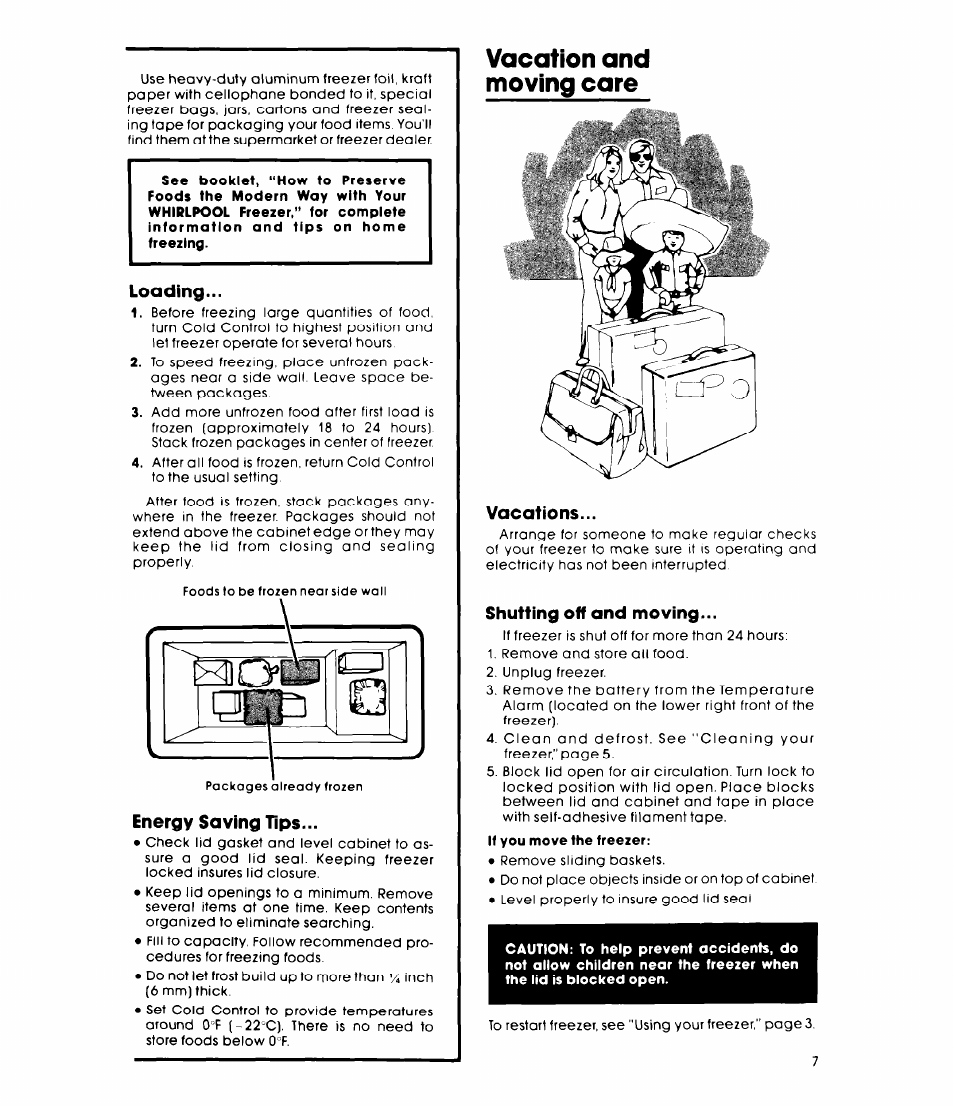 Loading, Energy saving tips, Vacation and moving care | Vacations, Shutting off and moving, If you move the freezer | Whirlpool EH15VSXL User Manual | Page 7 / 8
