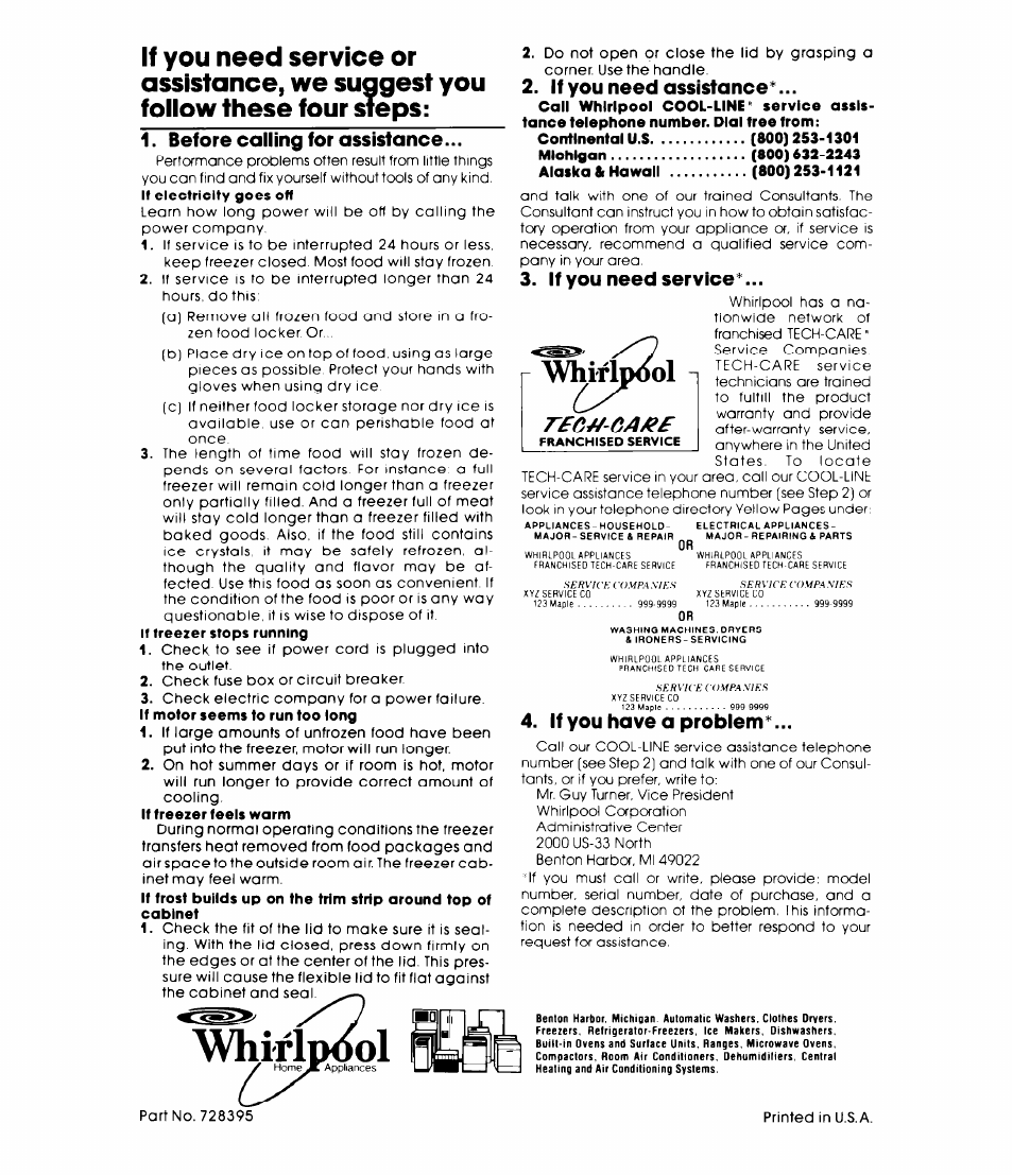 Before calling for assistance, If you need assistance, If you need service | Wwrip^l, If you have a problem, Vhiridool | Whirlpool EH15VSXL User Manual | Page 8 / 8