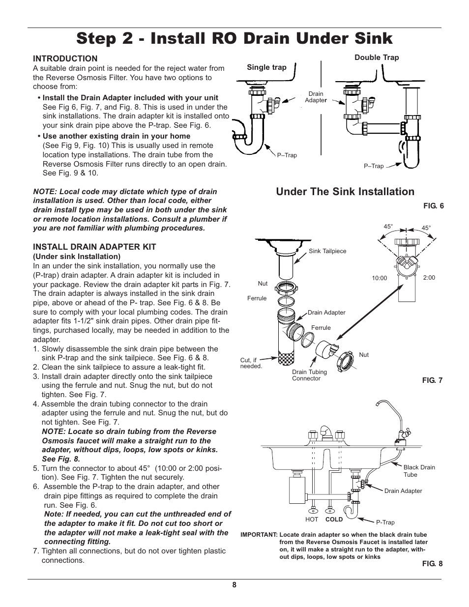 Step 2 - install ro drain under sink, Under the sink installation | Whirlpool WHER25 User Manual | Page 8 / 27