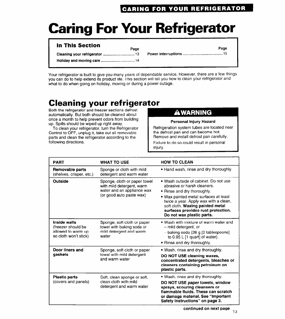 Caring for your refrigerator, Cleaning your refrigerator, Warning | Whirlpool 6ET18ZK User Manual | Page 13 / 19