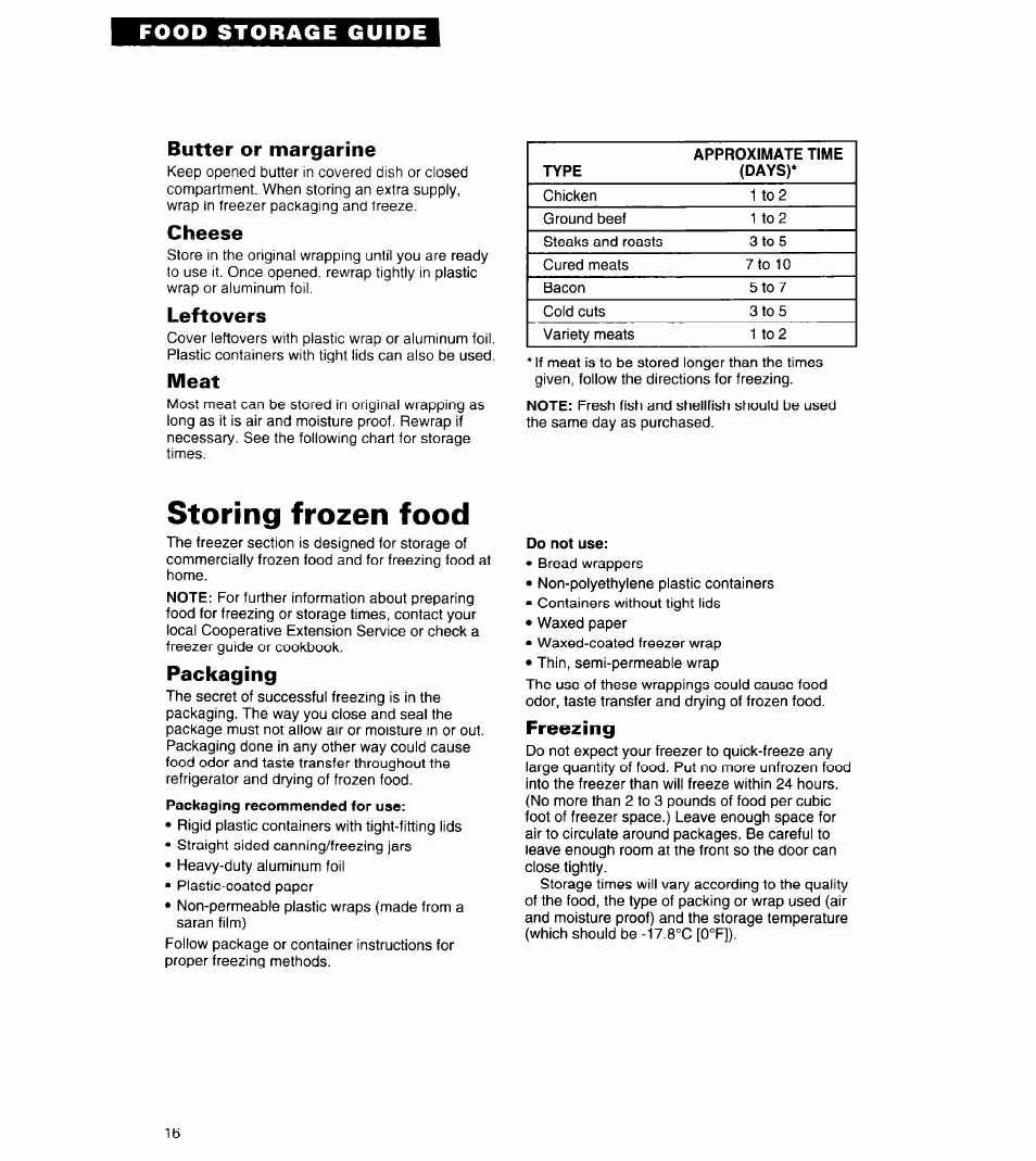 Butter or margarine, Cheese, Leftovers | Meat, Storing frozen food, Packaging, Do not use, Freezing | Whirlpool 6ET18ZK User Manual | Page 16 / 19