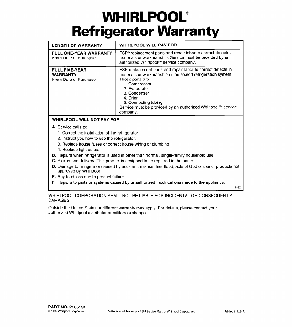 Whirlpool" refrigerator warranty | Whirlpool 6ET18ZK User Manual | Page 19 / 19