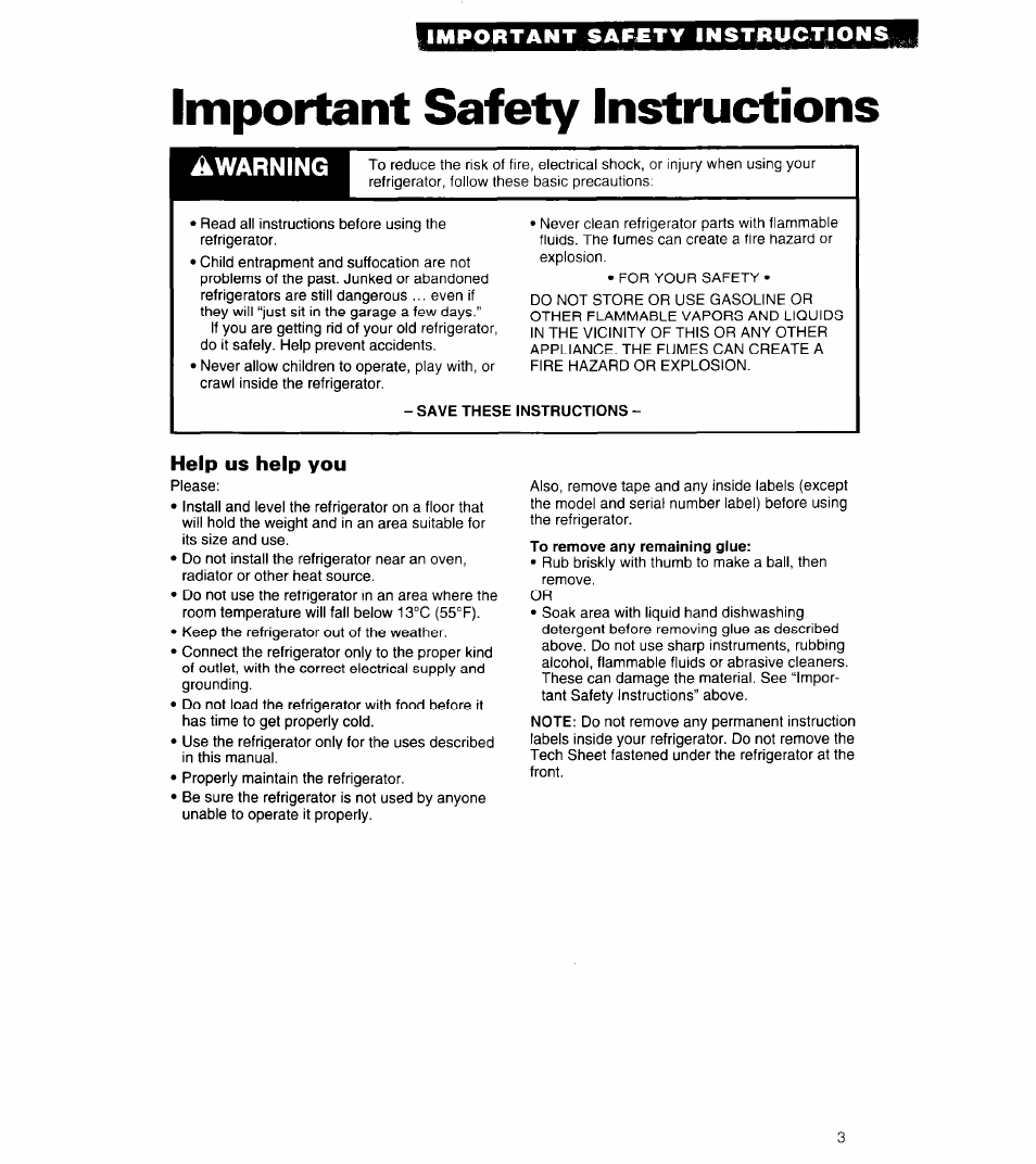 Important safety instructions, Save these instructions, Warning | Whirlpool 6ET18ZK User Manual | Page 3 / 19