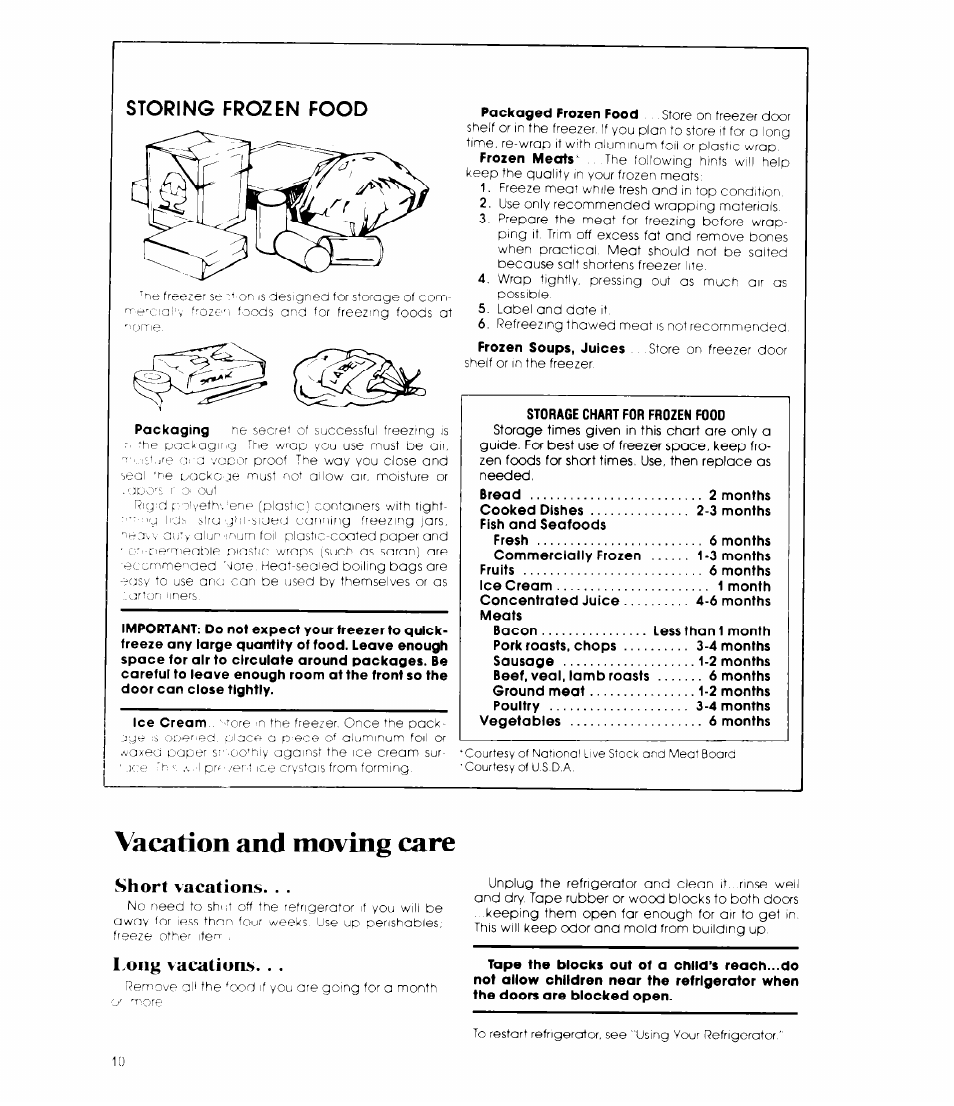 Storing frozen food, Vacation and moving care, Short vacations | Long vacations | Whirlpool ET14DC User Manual | Page 10 / 12