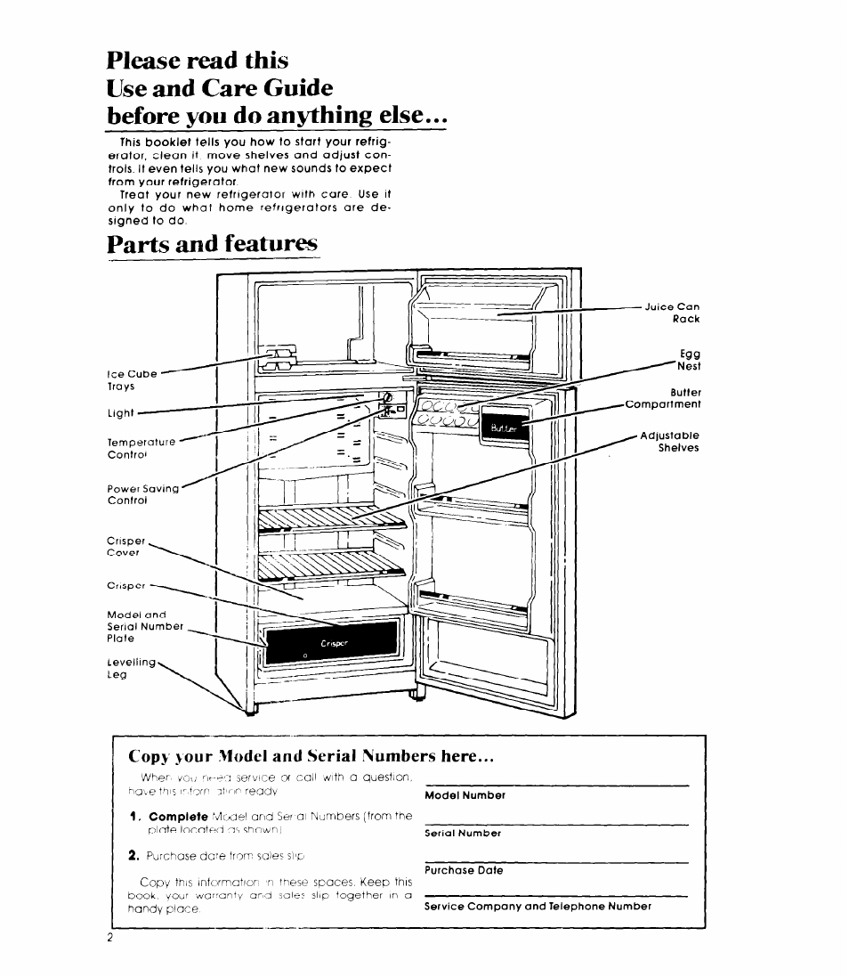 Parts and features, Copy your model and serial numbers here | Whirlpool ET14DC User Manual | Page 2 / 12