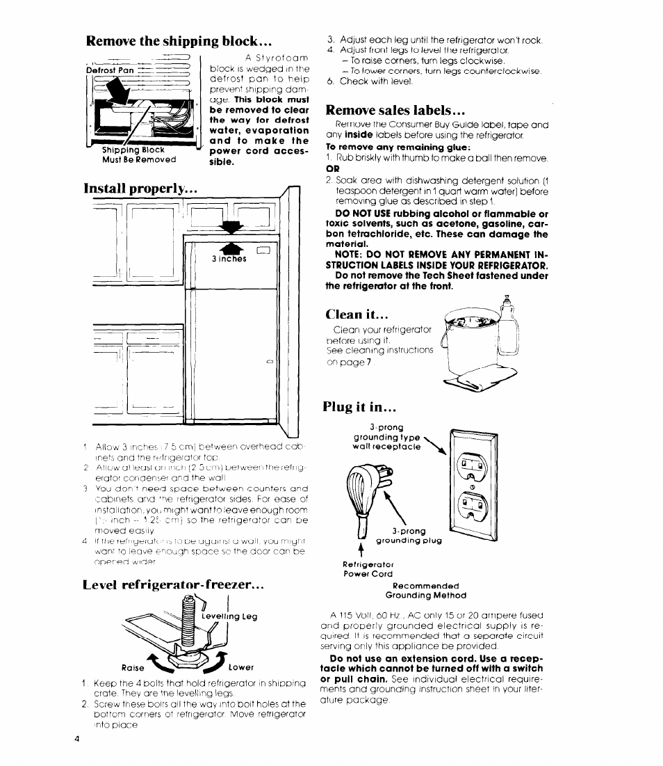 Remove the shipping block, Install properly, Level refrigerator-freezer | Remove sales labels, Plug it in, Clean it | Whirlpool ET14DC User Manual | Page 4 / 12
