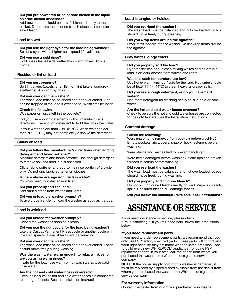Assistance or service | Whirlpool 2DLSQ8000JQ0 User Manual | Page 10 / 20