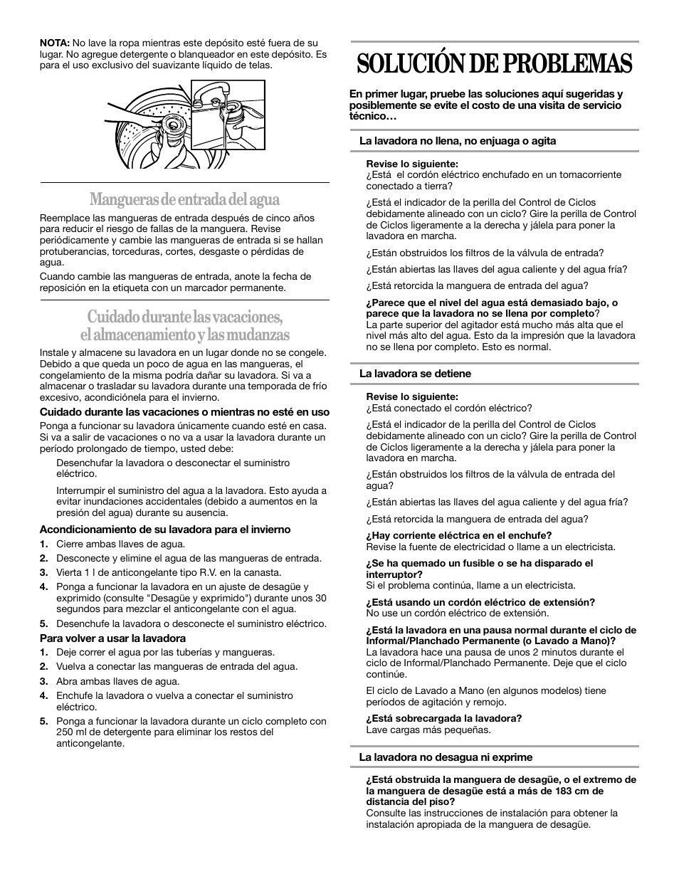 Solución de problemas, Mangueras de entrada del agua | Whirlpool 2DLSQ8000JQ0 User Manual | Page 17 / 20