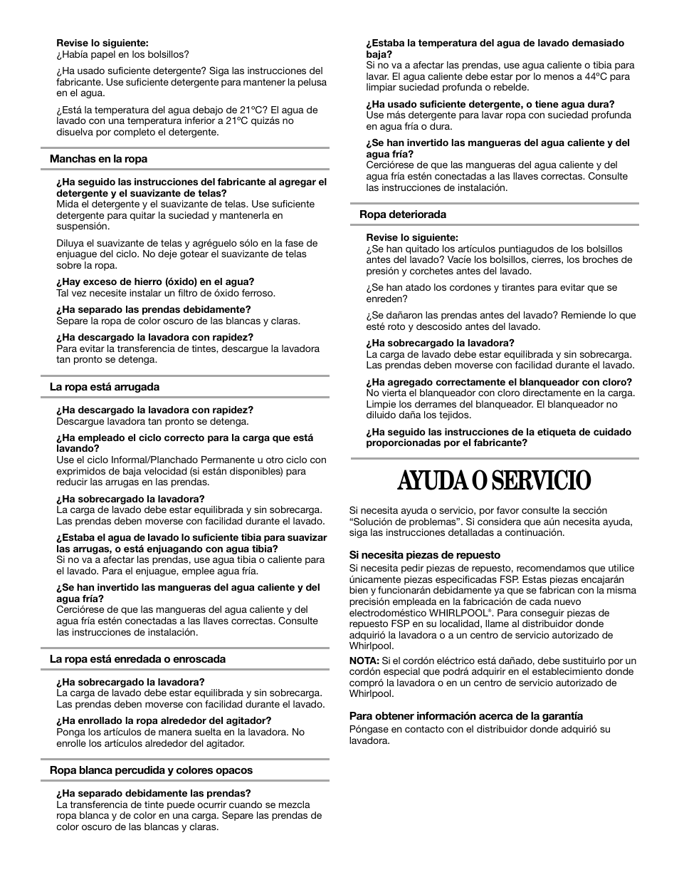 Ayuda o servicio | Whirlpool 2DLSQ8000JQ0 User Manual | Page 19 / 20