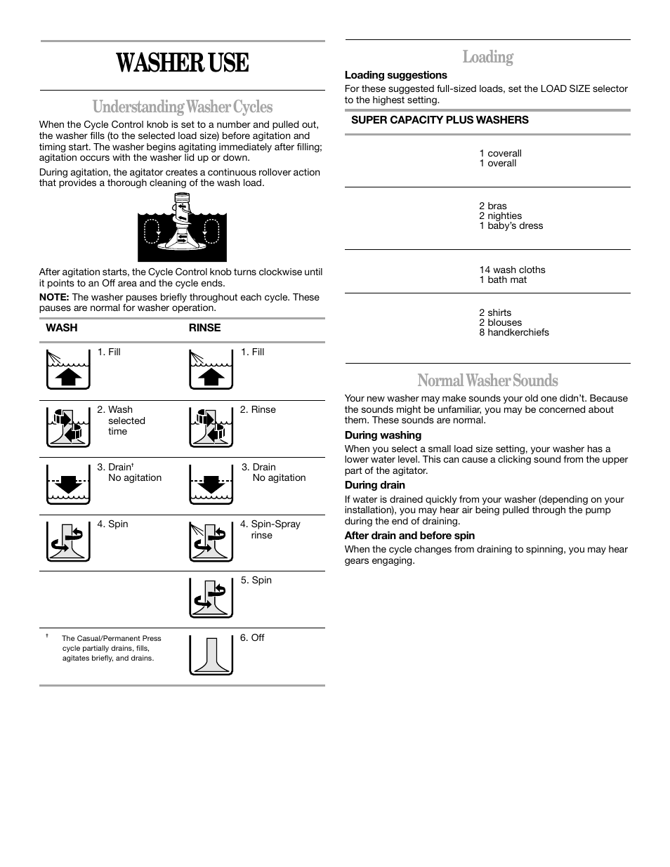 Washer use, Understanding washer cycles, Loading | Normal washer sounds | Whirlpool 2DLSQ8000JQ0 User Manual | Page 5 / 20