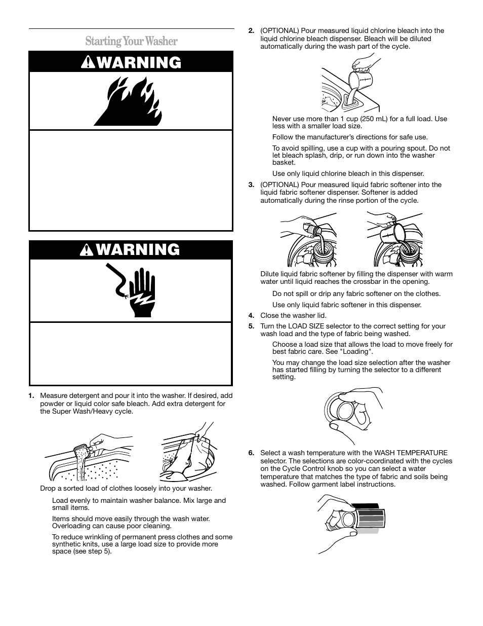 Warning, Starting your washer | Whirlpool 2DLSQ8000JQ0 User Manual | Page 6 / 20