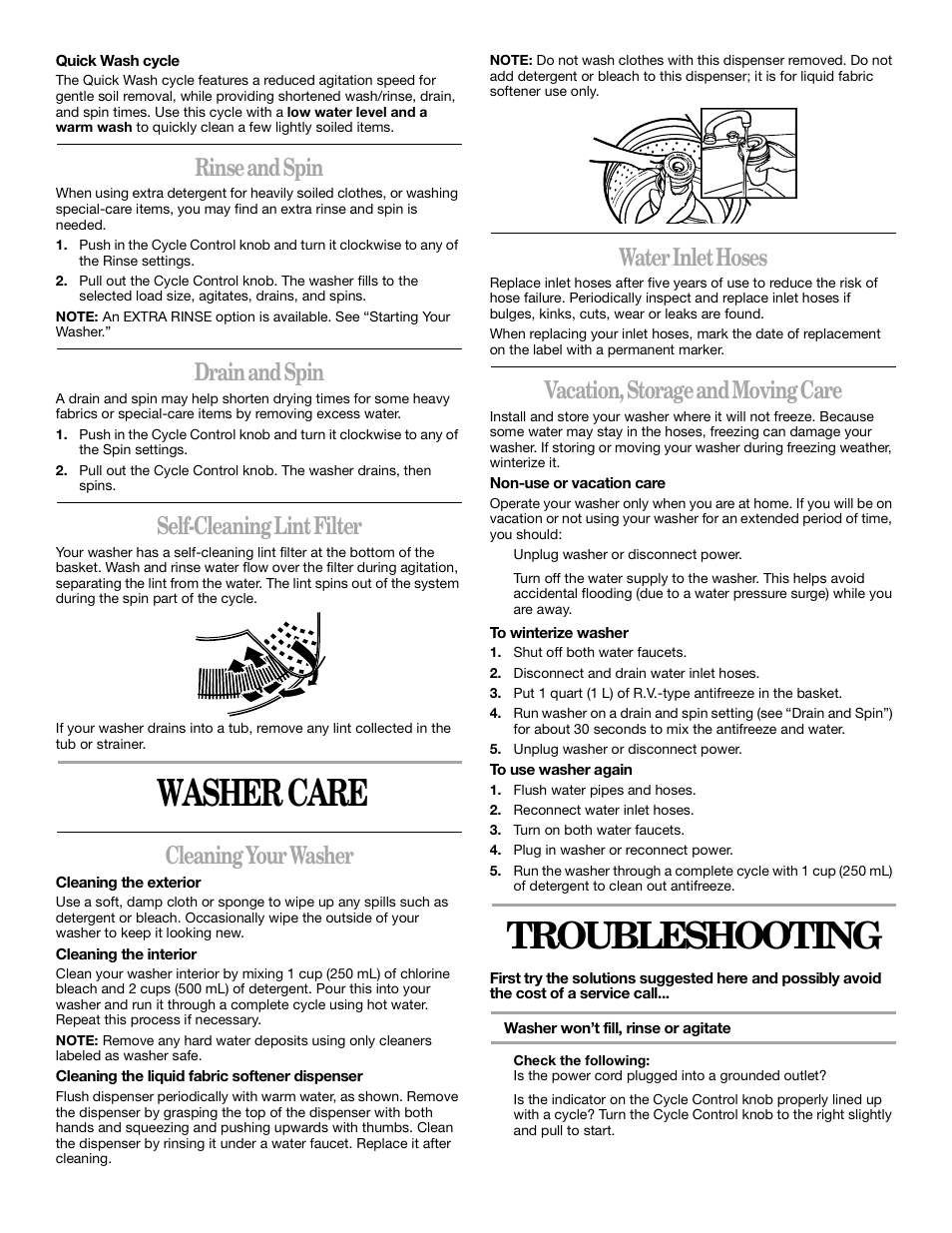 Washer care, Troubleshooting, Rinse and spin | Drain and spin, Self-cleaning lint filter, Cleaning your washer, Water inlet hoses, Vacation, storage and moving care | Whirlpool 2DLSQ8000JQ0 User Manual | Page 8 / 20