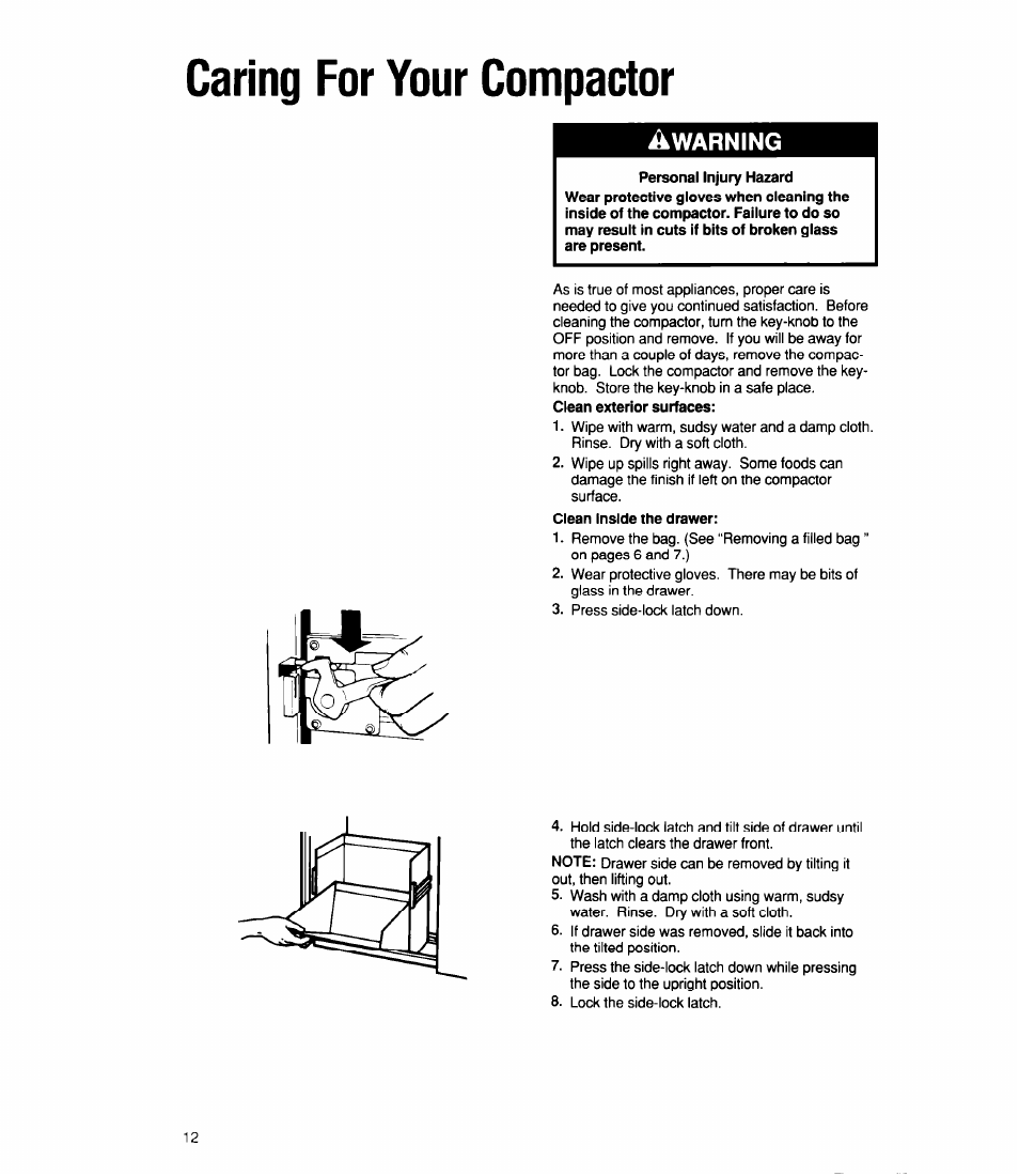 Caring for your compactor, Warning | Whirlpool TU4100X User Manual | Page 12 / 16