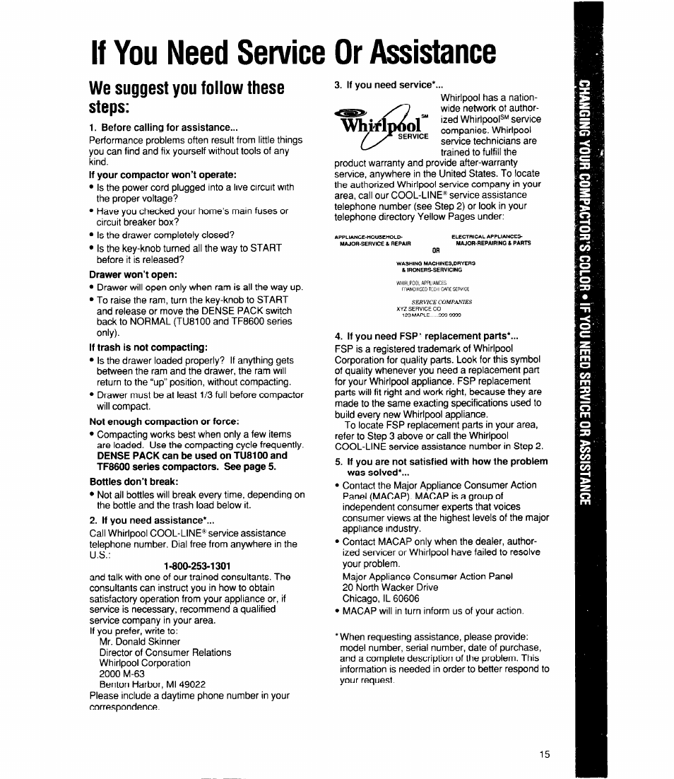 If you need service or assistance, We suggest you follow these steps, Before calling for assistance | Bodies don’t break, If you need assistance, Whirlpool | Whirlpool TU4100X User Manual | Page 15 / 16