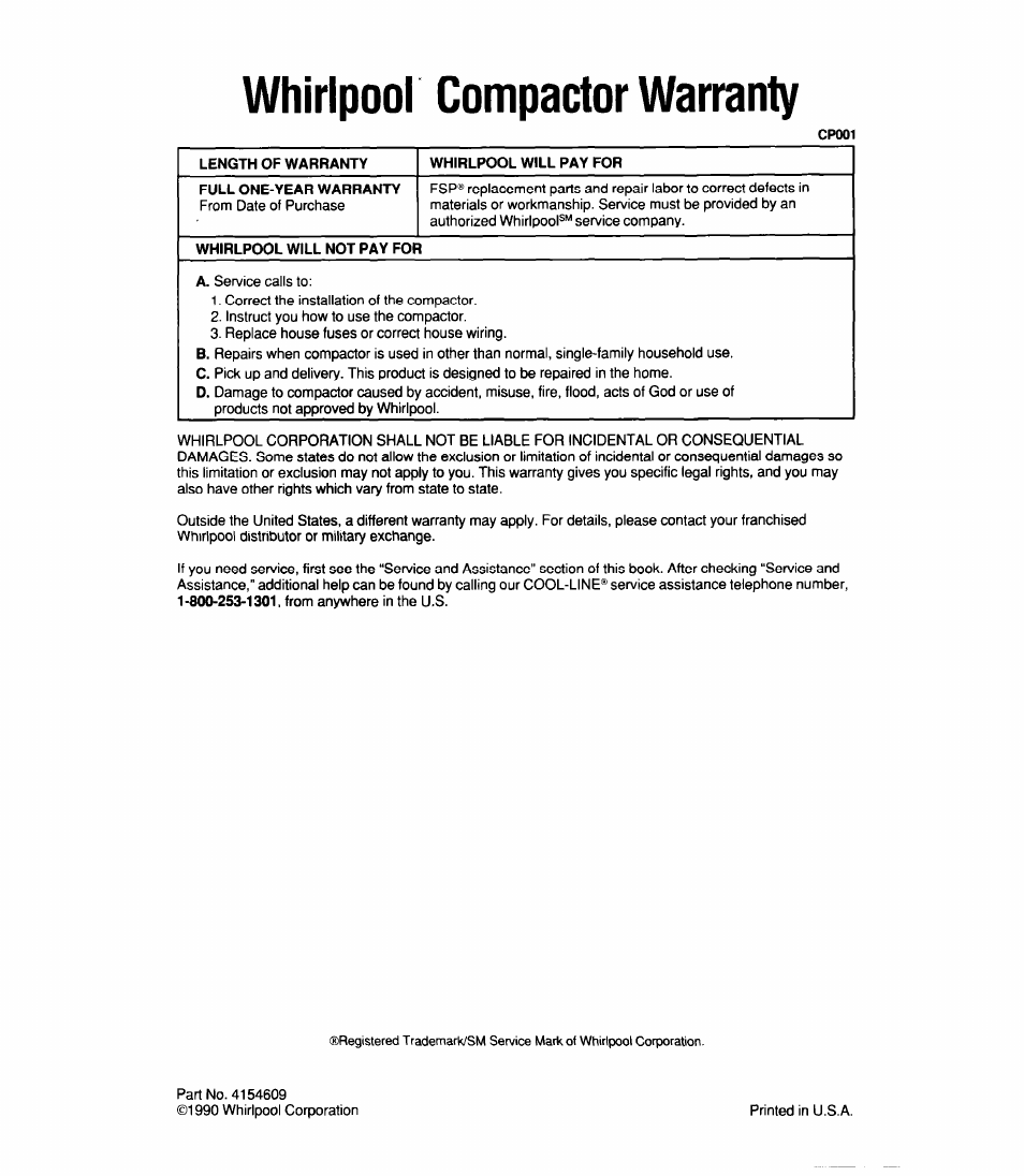 Whirlpool compactor warranty | Whirlpool TU4100X User Manual | Page 16 / 16