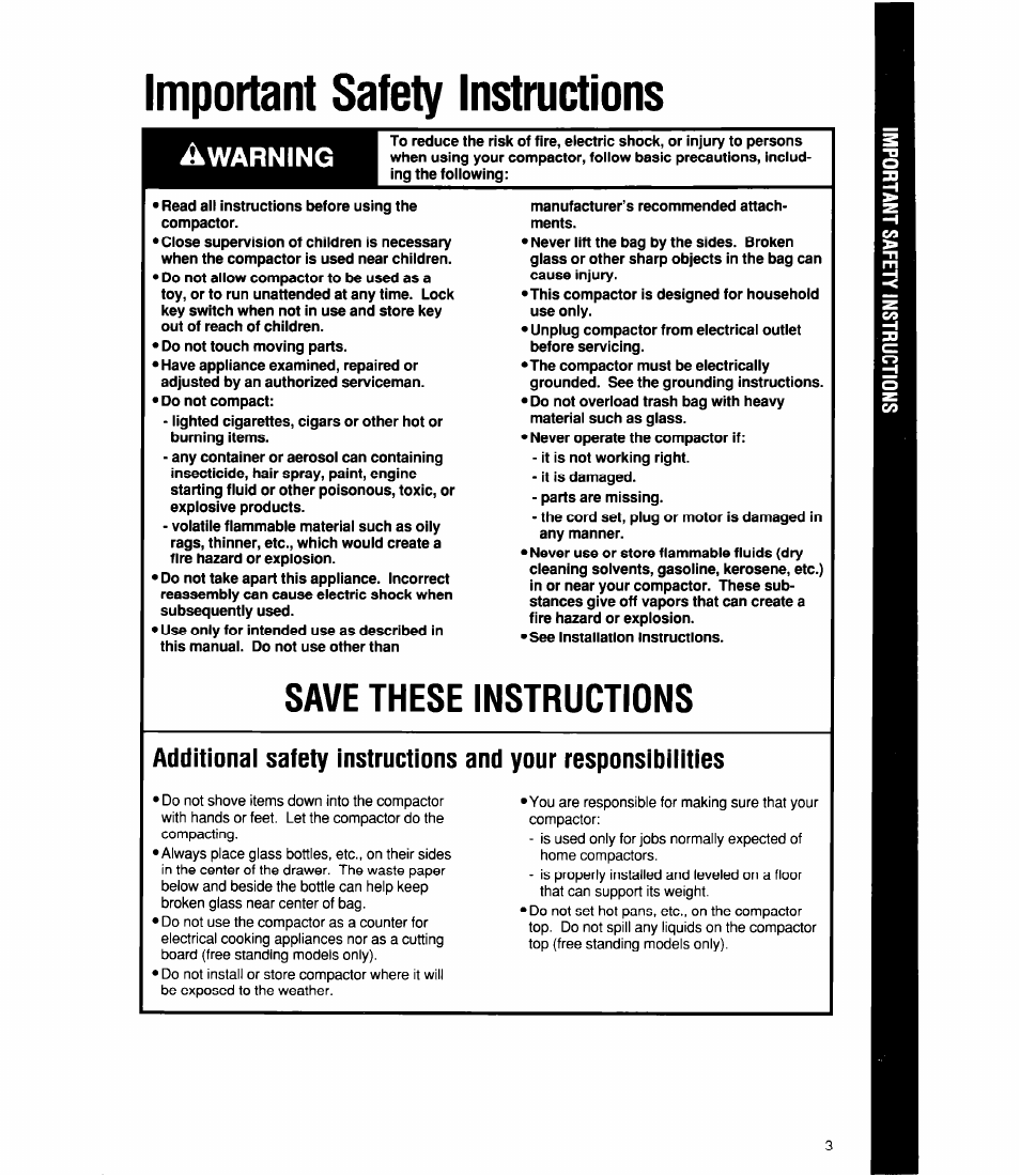 Important safety instructions, Save these instructions | Whirlpool TU4100X User Manual | Page 3 / 16