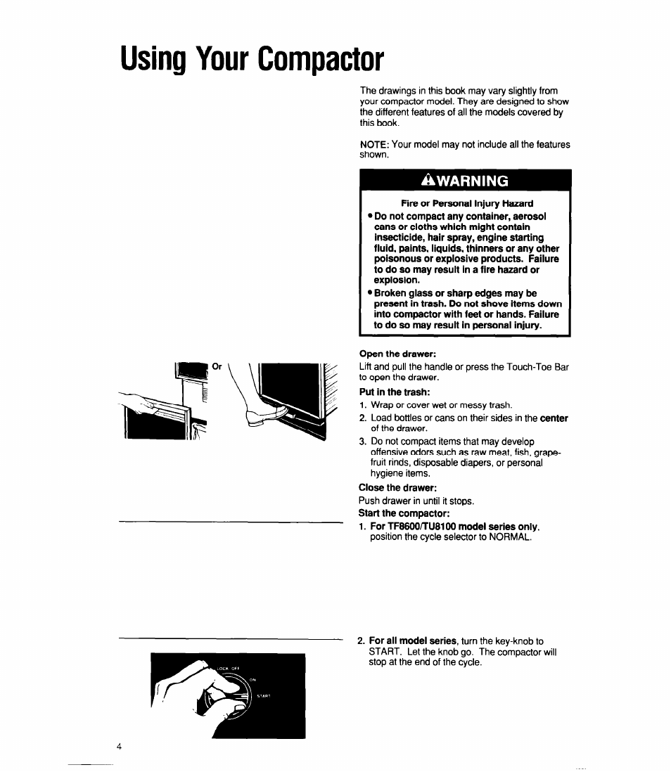 Using your compactor, Warning | Whirlpool TU4100X User Manual | Page 4 / 16