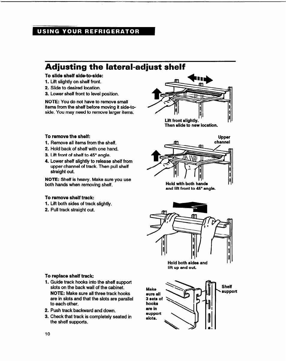 Adjusting the lateral-adjust shelf | Whirlpool B2lDK User Manual | Page 10 / 24