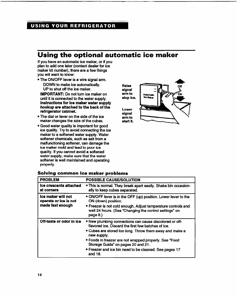 Using the optional automatic ice maker, Solving common ice maker problems | Whirlpool B2lDK User Manual | Page 14 / 24