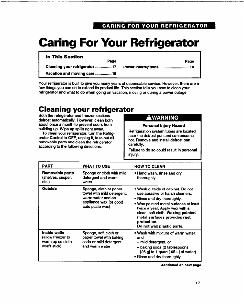 Caring for your refrigerator, Cleaning your refrigerator | Whirlpool B2lDK User Manual | Page 17 / 24