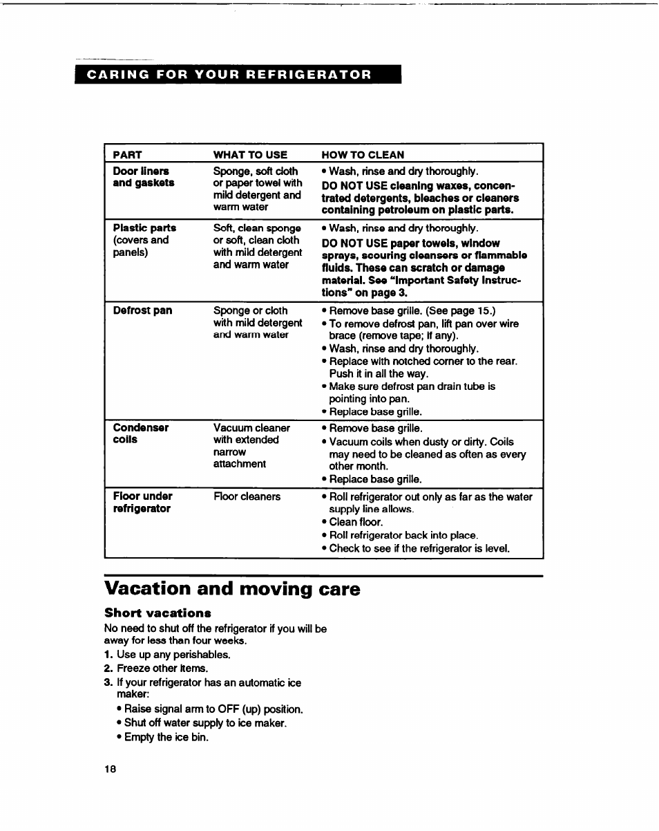 Short vacations, Vacation and moving care | Whirlpool B2lDK User Manual | Page 18 / 24