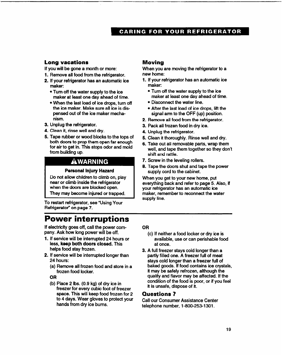 Long vacations, Moving, Power interruptions | Questions 7 | Whirlpool B2lDK User Manual | Page 19 / 24