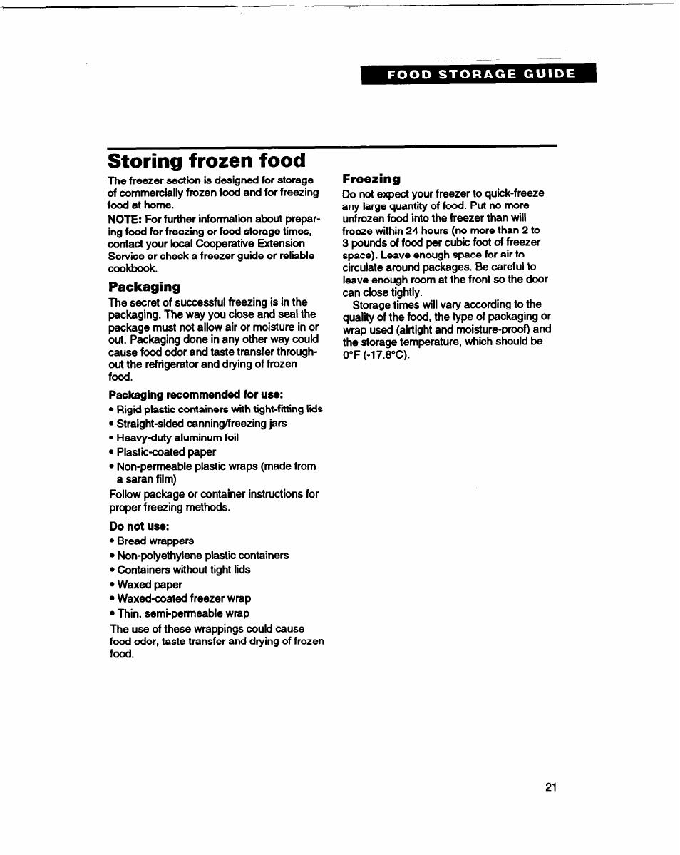 Storing frozen food, Packaging, Do not use | Freezing | Whirlpool B2lDK User Manual | Page 21 / 24