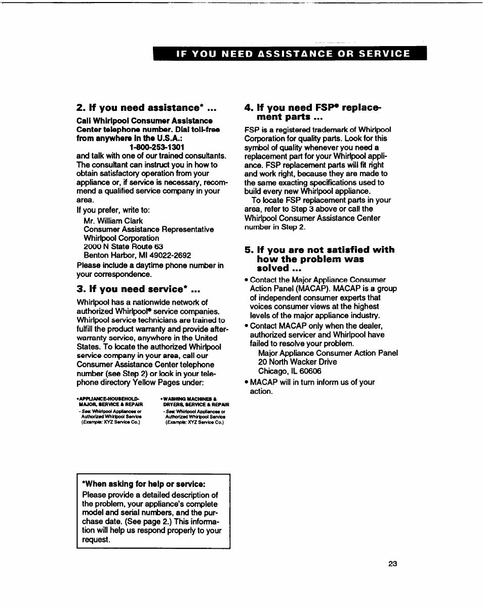 If you need assistance, If you need service, If you need fsp* replacement parts | If you need fsp* replace­ ment parts | Whirlpool B2lDK User Manual | Page 23 / 24