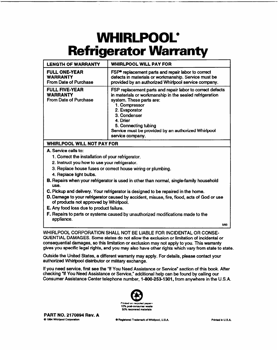 Whirlpool* refrigerator warranty | Whirlpool B2lDK User Manual | Page 24 / 24