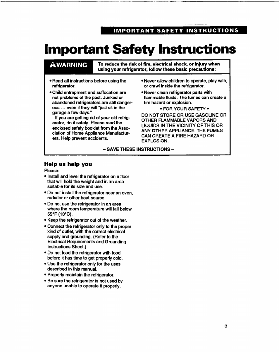 Important safety instructions, Help us help you | Whirlpool B2lDK User Manual | Page 3 / 24