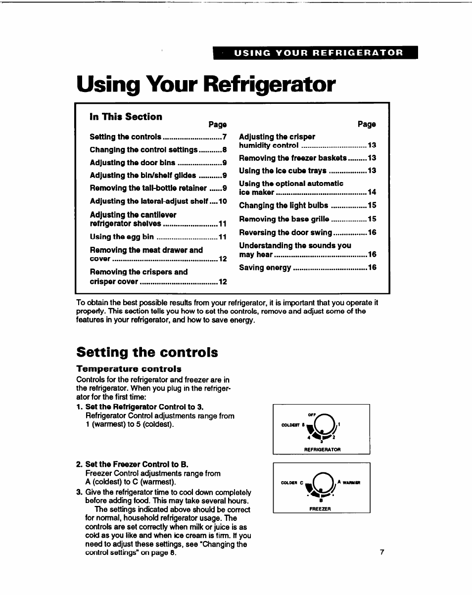 Using your refrigerator, Setting the controls | Whirlpool B2lDK User Manual | Page 7 / 24