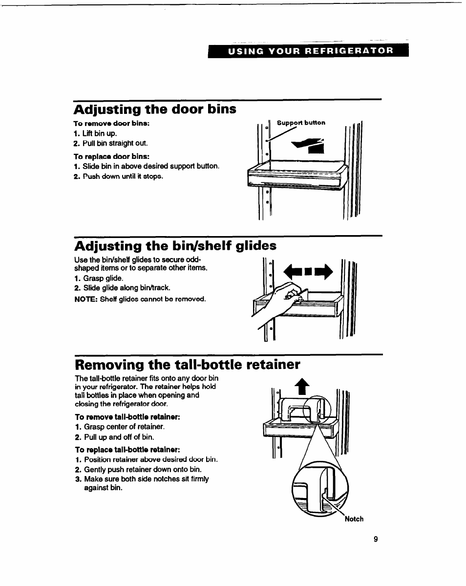 Adjusting the door bins, Adjusting the biivshelf glides, Adjusting the bln/shelf glides | Removing the tail-bottle retainer | Whirlpool B2lDK User Manual | Page 9 / 24