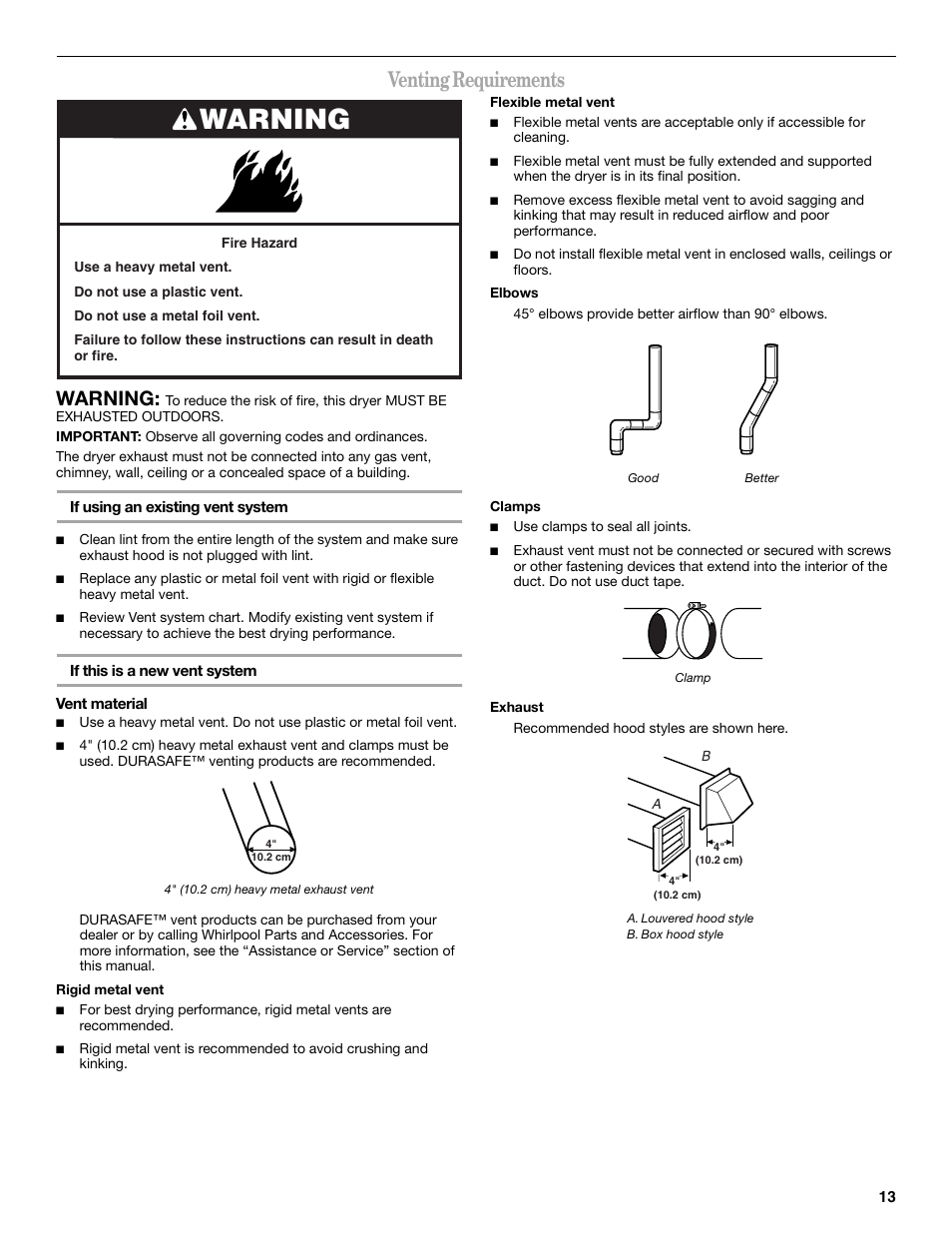 Venting requirements, Warning | Whirlpool Duet GEW9250PW0 User Manual | Page 13 / 28