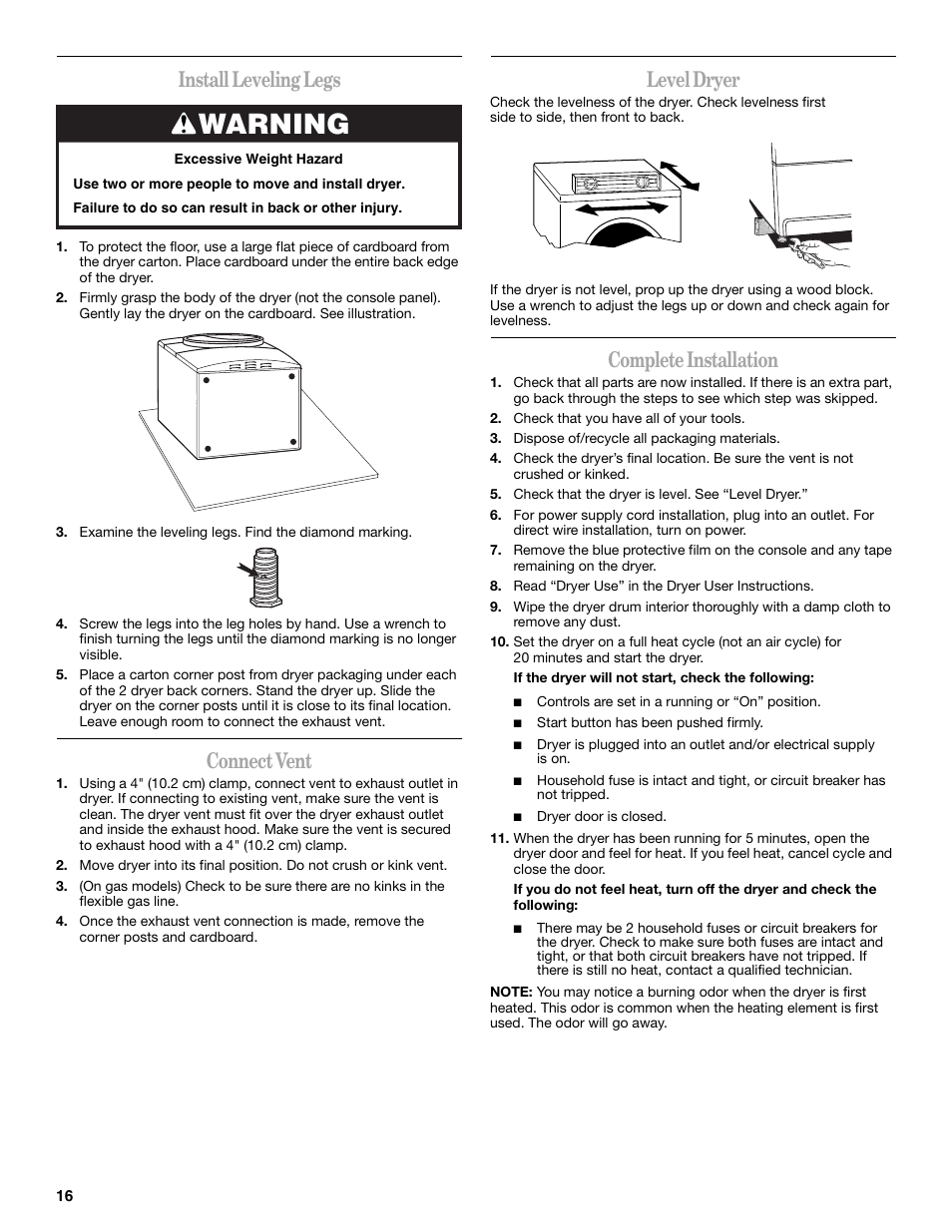 Warning, Install leveling legs, Connect vent | Level dryer, Complete installation | Whirlpool Duet GEW9250PW0 User Manual | Page 16 / 28