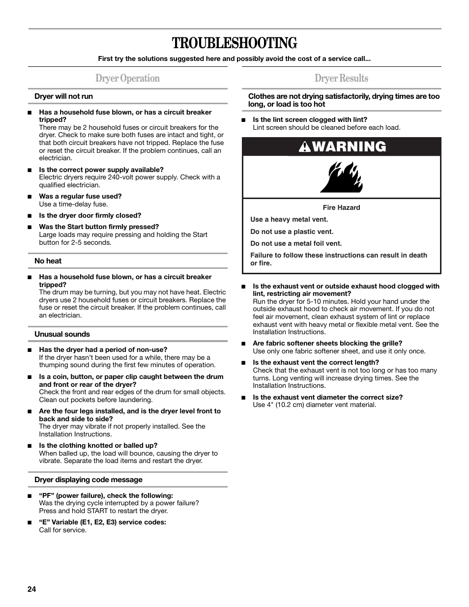 Troubleshooting, Warning, Dryer operation | Dryer results | Whirlpool Duet GEW9250PW0 User Manual | Page 24 / 28