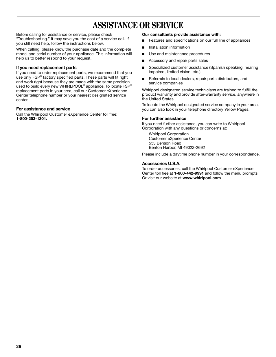 Assistance or service | Whirlpool Duet GEW9250PW0 User Manual | Page 26 / 28