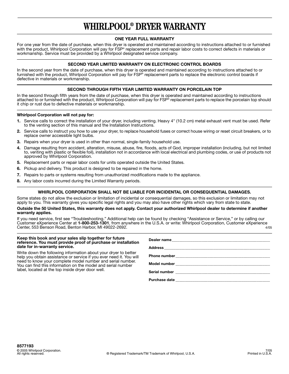 Whirlpool, Dryer warranty | Whirlpool Duet GEW9250PW0 User Manual | Page 28 / 28