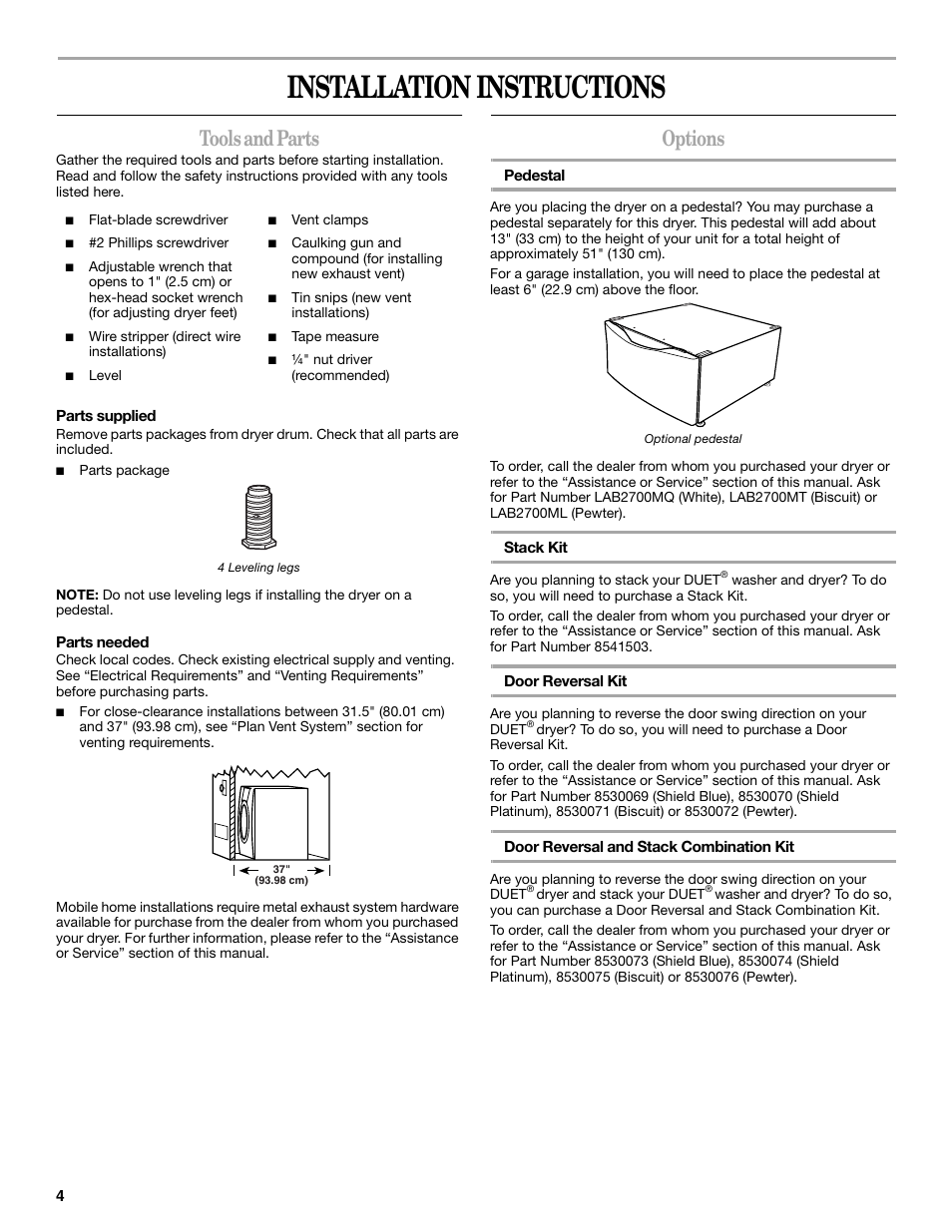 Installation instructions, Tools and parts, Options | Whirlpool Duet GEW9250PW0 User Manual | Page 4 / 28