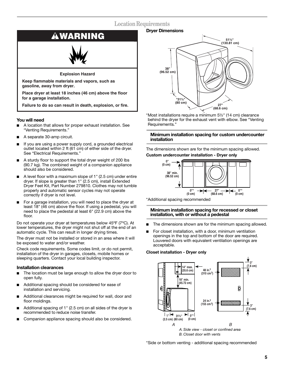 Warning, Location requirements | Whirlpool Duet GEW9250PW0 User Manual | Page 5 / 28