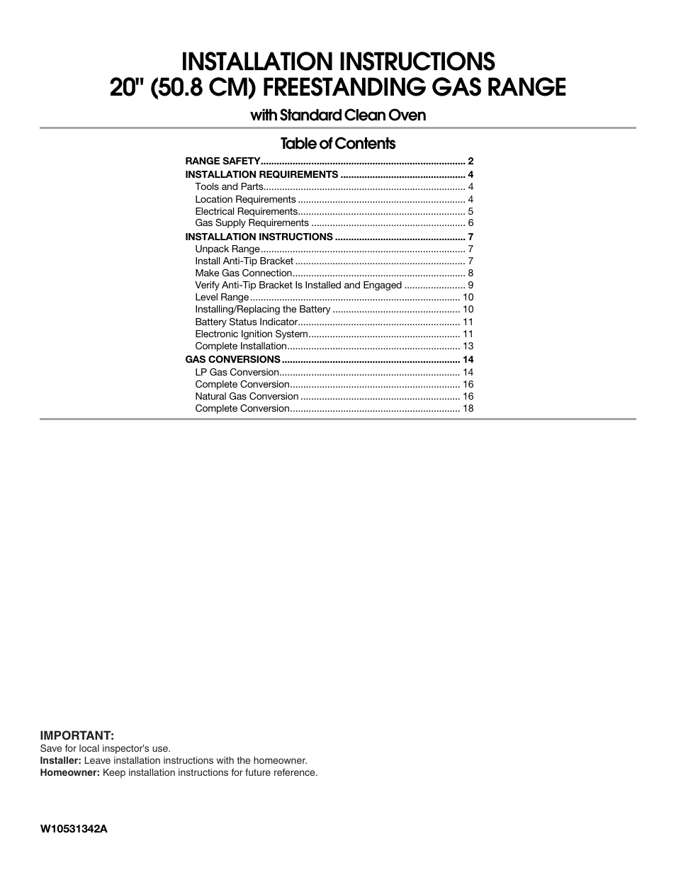 Whirlpool Freestanding Gas Range W10531342A User Manual | 20 pages