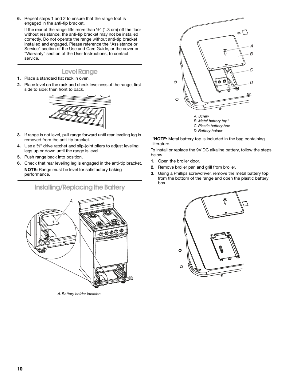Level range, Installing/replacing the battery | Whirlpool Freestanding Gas Range W10531342A User Manual | Page 10 / 20