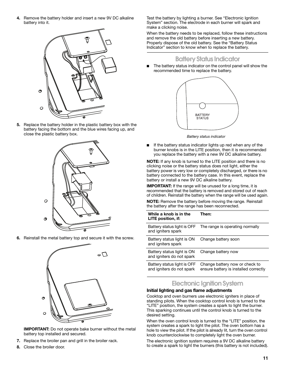 Battery status indicator, Electronic ignition system | Whirlpool Freestanding Gas Range W10531342A User Manual | Page 11 / 20