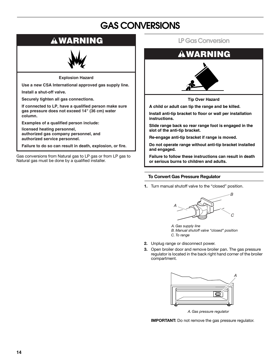 Gas conversions, Warning, Lp gas conversion | Whirlpool Freestanding Gas Range W10531342A User Manual | Page 14 / 20